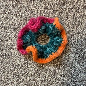 Chenille Green Crochet Scrunchie with Orange and Pink Trim